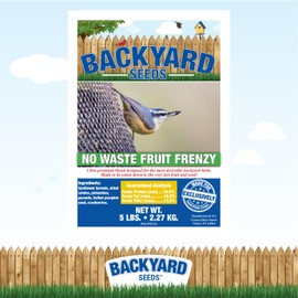 Backyard Seeds No Mess, No Waste Mix with Fruit Frenzy Blend - Hulled Pumpkin Seeds, Cherry Flavored Cranberries, Pistachios, Dark Raisins - Bird Seed (5 Pounds)