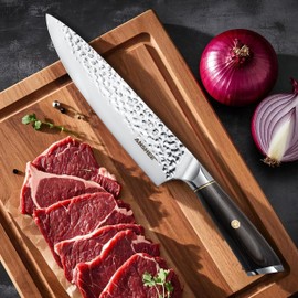 anshee 8 Inch Japanese Gyuto Chef Knife - Handcrafted Hammered High Carbon Super Steel Blade, Ultra Sharp Professional Kitchen Knife with Sheath & Gift Box (Birthday Gifts for Mom/Dad)