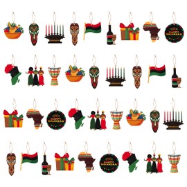 B1ykin 37PCS Happy Kwanzaa Wooden Hanging Ornament Set, African Heritage Holiday Decorations with Kinara Fruit African Mask Flag Map, Kwanzaa Craft Pendant Signs Party Supplies for Ceiling Wall Door