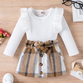Noubeau Toddler Baby Girls Plaid Outfits Knit Ribbed Sweatshirt Shirt Tops Red Plaid Belt Skirt Fall Winter Clothes (Brown-A, 9-12 Months)