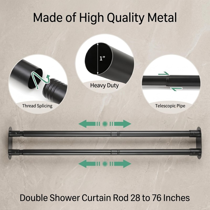 Yivioep Black Double Shower Curtain Rod - Adjustable 28-76 Inch