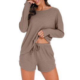 PrinStory Pajamas Set for Women Waffle Knit Lounge Set 2 Piece Outfits Loungewear Sweatsuit with Pockets Khaki