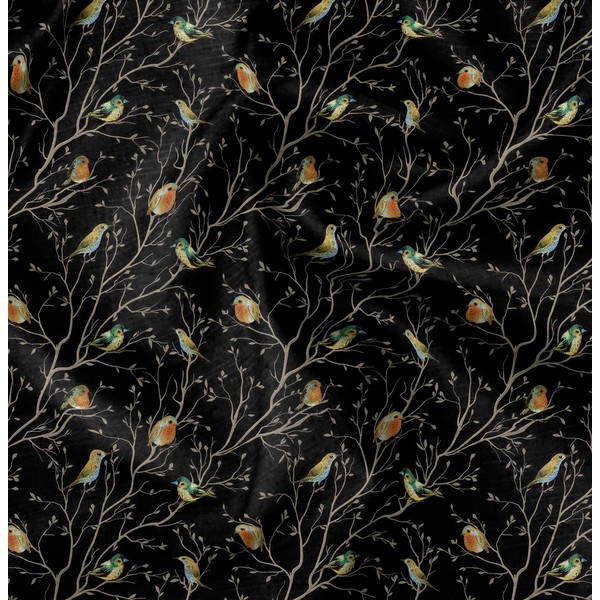 Soimoi Black Cotton Canvas Fabric Leaves & Flowerpecker Bird Fabric