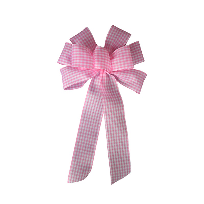 Pink and White Gingham Wired Wreath Bow (12, Large)