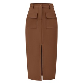 KIRUNDO Women's Skirts Trendy Summer Fall Spring High Waisted Pencil Wrap Midi Cargo Skirt with Slit Business Casual Clothes(Dark Khaki, Medium)