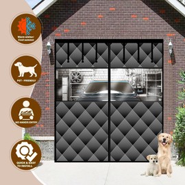 Magnetic Thermal Insulated Door Curtain with Detachable Visible Windows, Thicken Polyester Fiberfill & Durable Oxford Fabric, Hands Free Windproof Door Screen for 1 Car Garage Doors 8x7FT, Black