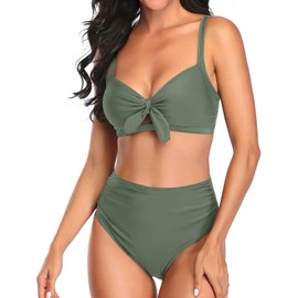 Tempt Me Women Olive Green Two Piece Swimsuits High Waisted Bikini Set Tummy Control Full Coverage Ruched Tie Knot Bathing Suits XXL