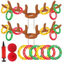 2 Pack Inflatable Reindeer Antler Ring Toss Game(2 Antlers 10 Rings) for Xmas Party Antler Hat Ring Toss with Red Reindeer Nose for Kids Adults Christmas Holiday Party Supplies