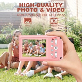TIXINPO 48MP Kids Pink Digital Camera, 1080P FHD Point and Shoot Camera with 16X Zoom, Anti-Shake, 2.4" LCD, Compact Small Camera for Girls & Boys - Includes 32GB Card, Lanyard (Vintage Design)