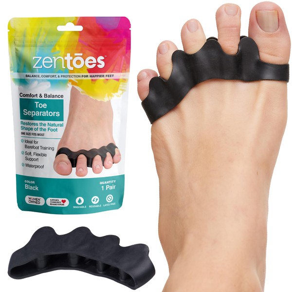 ZenToes Silicone Toe Spacers for Correct Toe Alignment, Bunion and Hammertoe Straighteners - 1 Pair (Black)