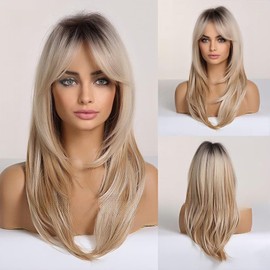 Ombre Blonde Layered Wig with Face-Framing Curtain Bangs Soft & Voluminous Style