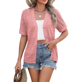 Zeagoo Women's 2025 Summer Short Sleeve Crochet Cardigan V Neck Cropped Lightweight Button up Bolero Shrug Sweater Pink