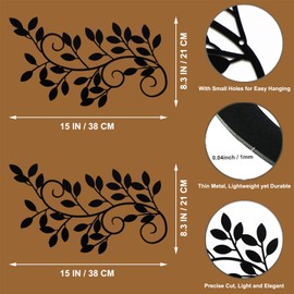 ESTART 2 Pieces Metal Tree Leaf Wall Decor Vine Olive Branch Leaf Wall Art Ornament Wall Hanging Sign for above Door, Living Room, Office, Indoor and Outdoor Decoration (Black)