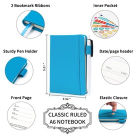feela 6 Pack Pocket Mini Notebooks Bulk, Small Cute Memo Notepads Hardcover College Ruled Lined Journals with Pen Holder for School Business Work, with 6 Black Pens, 3.5”x 5.5”, A6, Teal