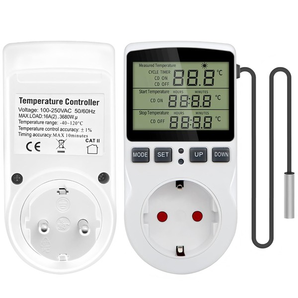 Temperaturregler Steckdose 230V mit Fühler Zeitschaltuhr, Digital Thermostat Steckdose Temperaturschalter