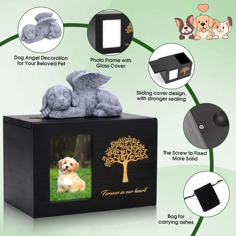 Black Wooden Pet Urn with Dog Statue and Cloth Ash