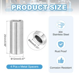 PATIKIL 4 Pcs Stainless Steel Spacers, 8mm ID x 12mm OD x 25mm Height 304 Stainless Steel Bushing Screw Standoff Unthreaded Round Spacer for 5/16"M8 Screws Bolts Nuts