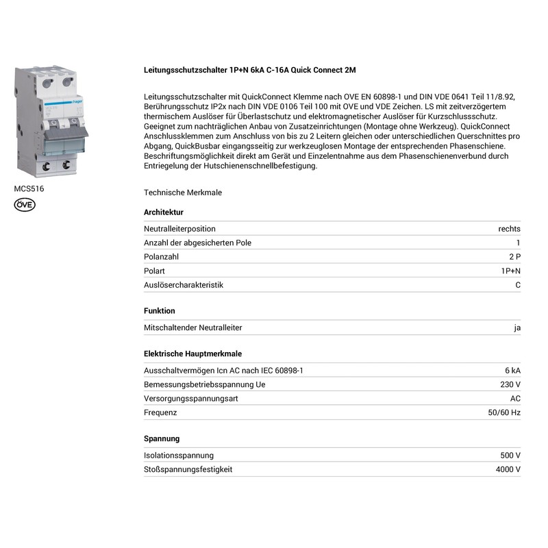 Hager MCS516 Circuit Breaker 1-Pin + N 6kA C-Characteristics 16A