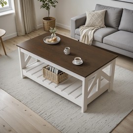 YESHOMY Farmhouse Coffee Table, Coffee Tables for Living Room, Farmhouse Square Coffee Table with Storage, Couch Table, Small Tables for Small Spaces, Brown and White