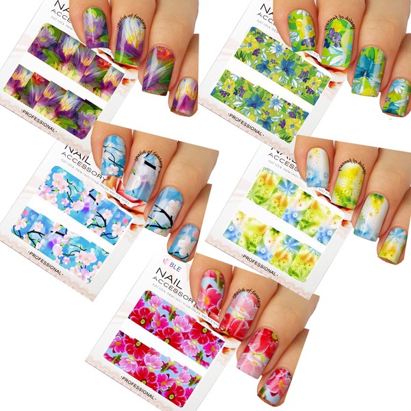 Nail Art Water Slide Tattoo Decals Full-Cover Blossom Flowers, 5 - pack/CIII/