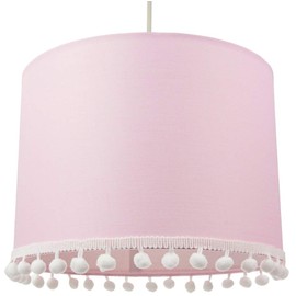 Cute and Modern Pink Cotton 10" Lamp Shade with Small White Woolly Pom Poms | for Table Lamp or Ceiling Pendant | 60w Maximum by Happy Homewares