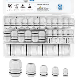 TICONN 52 Pcs IP68 Waterproof Cable Gland Kit Nylon NPT Adjustable Cable Connectors Assortment 1/4” 3/8” 1/2” 3/4” 1“ for Waterproof Junction Box Wire Pannel (Grey, 52 Pcs)