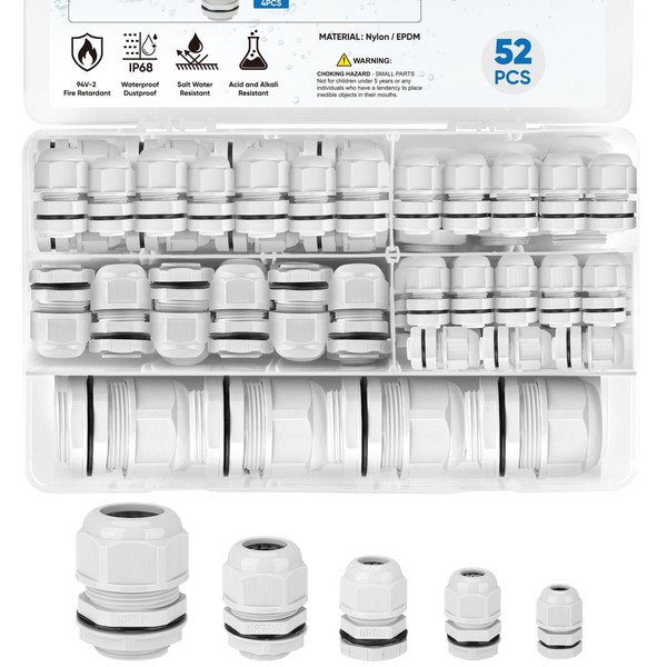 TICONN 52 Pcs IP68 Waterproof Cable Gland Kit Nylon NPT