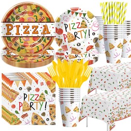 YJRJSC Pizza Party Decorations Dinnerware - Pizza Birthday Party Supplies, Paper Plate, Cup, Napkin, Tablecloth, Disposable Cutlery, Straw, Pizza Theme Baby Shower Decorations Tableware | Serve 24