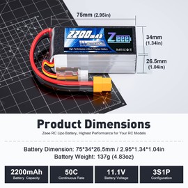 Zeee 3S Lipo Battery 2200mAh 11.1V 50C Shorty Pack Battery with XT60 Plug for RC Car Truck RC Vehicles Boat Drone RC Airplane Quadcopter Helicopter FPV Racing Hobby Models(2 Pack)