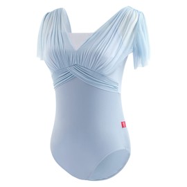 [Daydance] Ballet Leotard, Adult, Ballet Leotard Mesh with Ruffle Sleeve, V Backless Gymnastics Leotard Practice Bodysuit Light Gray L Height 160-165cm