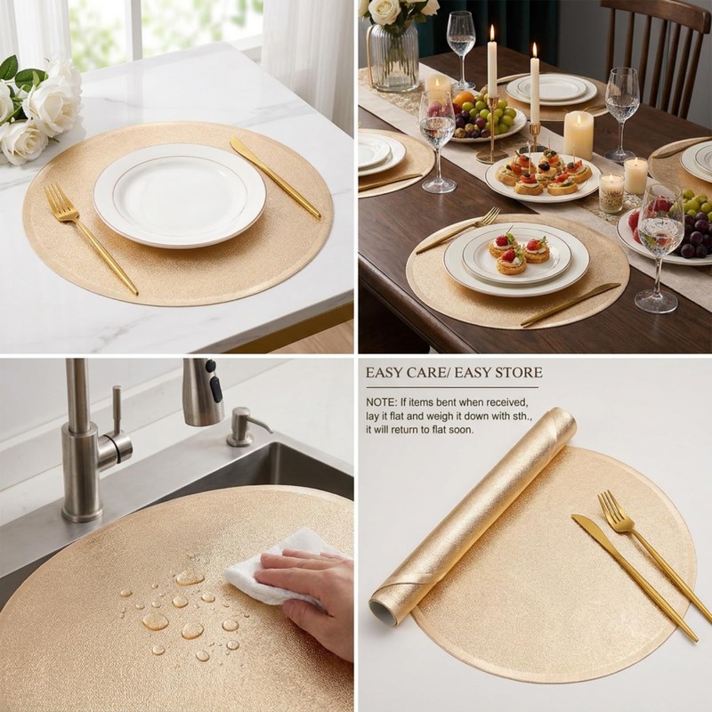 6pcs Gold Placemats for Round Table Metallic Pressed Vinyl Table