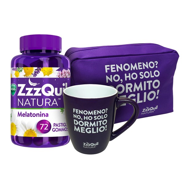 ZzzQuil Natura Sleep Melatonin Supplement with Pure Melatonin and Valerian, Chamomile and Lavender Extracts, 72 Gummy Tablets + Gift Pack with Pouch and Cup, Berry Flavour