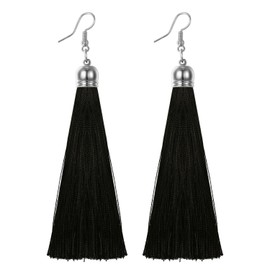 Flongo Fashion Jewelry earrings, long dangle drop tassel dangling tassel Ball Pendant Earrings Bohemian Earrings Ear Stud Earrings Black/Blue/Red/White/Brown Multi Tassel Women Girl, Alloy, Black