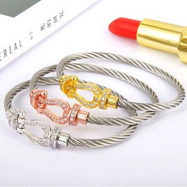 Deelfel Men's Women's Horseshoe Bracelet, Black, Silver, Stainless Steel, Zirconia, Horseshoe, Bangle, Twist, Wire, U-Shaped, Horseshoe Bracelet, Couples Style, Stylish, Cool, Present, Stainless