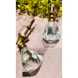 2 Vintage Tear Drop Salvaged Hinged Clear Cut Glass Furniture Drawer Knobs Pulls