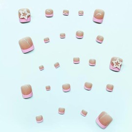 Pink French Tip Press on Toenails Star Fake Toenails Short Square Press on Toe Nails with Pearl Charms Design False Toenails Summer Acrylic Toenails Full Cover Stick on Toenails for Women 24Pcs