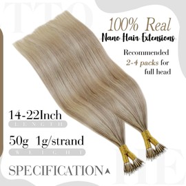 Hetto Nano Tip Hair Extensions Human Hair Nano Ring Hair Extensions Invisible Nano Link Hair Extensions for Women 20 Inch #17P23 Dirty Blonde Highlight Medium Blonde 50g 50 Strands