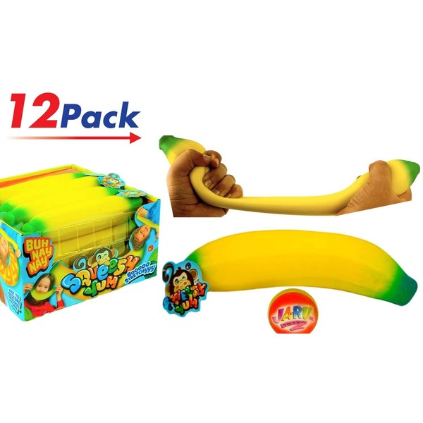 JA-RU Stretchy Banana Squishy Toys (12 Units) Anxiety Stress Relief Toys | Sensory Toys for Autistic Children Kids and Fidget Stress Toys for Adults. Great Party Favor Supply. Plus 1 Ball. 3340-12p