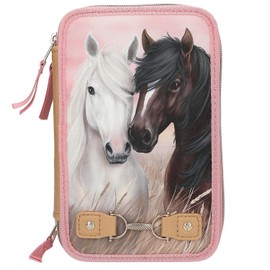 Depesche 13187 Miss Melody Dusty Rose Filled 3-Compartment Pencil Case in Dusky Pink, with Horse Motif and Decorative Closure, Pencil Case with Coloured Pencils, Ruler, Scissors and much more,