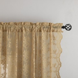 YJ YANJUN Taupe Lace Curtains 63 inches Length 2 Panels Vintage Earthy Neutral Sheer Curtains with Scalloped Edges Rod Pocket Short Crochet Lace Panles for Bedroom Dining Room W52 X L63 Light Coffee