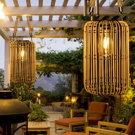 Livinlarge Solar Lantern Outdoor Waterproof, Large Solar Rattan Lantern Outdoor Hanging with Handle, Bright Solar Outdoor Lights with Edison Bulb for Garden Patio Yard Tabletop Decoration