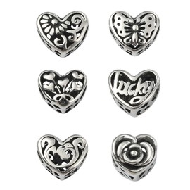 Ipotkitt 6pcs 6 Styles Heart Themed Stainless Steel Beads Large Hole European Beads Antique Silver Love Ornaments for DIY Craft Bracelet Pen Jewelry Making