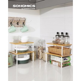 SONGMICS Organizadores de Cocina, Juego de 4 Estantes de Cocina, Apilables, Expandibles, Blanco y Natural MKCS010N01V1