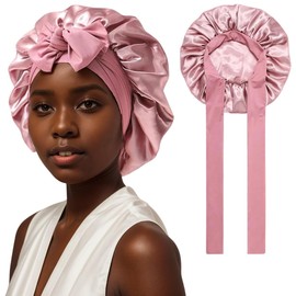 [RUNQIU] Satin Bonnet Silk Sleep Cap for Women Hair Bonnet Stretch Tie Band Hair Cap Curly Hair Silk Hair Wrap Large Bonnet All Season, Pink