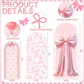 Soulchen Pink Bow Floral Arch Backdrop Cover Set of 3 with 200 Balloons 4/5/6 ft Fabric Pink White Wedding Chiara Arch Covers for Coquette Bow Party Birthday Wedding Bridal Shower Party Decorations
