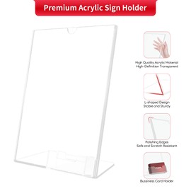 Acrylic Sign Holder 8.5 x 11 Inches with Business Card Holder Clear Plastic Brochure Flyer Display Stand Slanted Countertop Organizer for Pamphlets Magazines Booklets Menus, 2 Pack