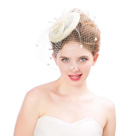 SIQITECHUK Women Fascinator Hat with Veil Mesh Ribbons Vintage Ladies Pillbox Hat Wedding Cocktail Tea Party Headwear Elegant Bride Hair Clip (UK, Alpha, One Size, Cream)