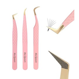 Ms.Queen - Pinzas de pestañas para extensiones, juego profesional de 3 piezas con punta de fibra en forma de L, para botas, volumen y pestañas curvadas