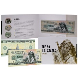 HOBBY OF KINGS USA 100 Dollar Note | Alabama Commemorative Souvenir | Benjamin O. Davis Jr. Portrait | P-51D Mustang Drawing | Collector's Album | The 50 U.S. States Edition