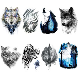 HONJALO Tattoo Stickers, Large, Japanese Carving, Long Lasting, Waterproof, Tattoo Stickers, Stylish, Cool, Japanese Pattern, Suitable for Arms, Shoulders, Legs, 5.9 x 8.3 inches (15 x 21 cm), Wolf Series (8 Sheets)